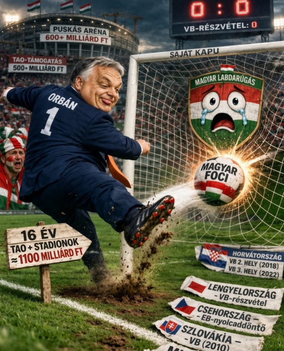 Amikor egy ország miniszterelnöke a fociba szerelmes – és ezermilliárdot költve rúg öngólt saját hazájának.Van egy ország Európa közepén, ahol a miniszterelnök nem egyszerűen szereti a futballt – stratégiai ügyként kezeli. Ez az ország Magyarország, a miniszterelnök pedig Orbán Viktor.Az elmúlt 16 évben a magyar futball példátlan mennyiségű pénzt, figyelmet és politikai energiát kapott. Kevés olyan terület van az országban, amely ennyire következetesen, ennyire hosszú ideig volt fókuszban.A kérdés ezért nem az, hogy fejlődött-e a magyar foci.A kérdés az: megérte-e?A befektetés: történelmi lépték• Az Magyar Labdarúgó Szövetség beszámolói alapján ~500 milliárd Ft TAO-támogatás a labdarúgásban • A Magyar Közlöny és közbeszerzési adatok szerint ~600+ milliárd Ft stadionokra  Összesen: kb. 1100 milliárd forintEz nem egy program.Ez egy rendszer.Az eredmény: van előrelépés – de hol az áttörés?Legyünk korrektek.Van fejlődés:• 3 egymást követő EB-részvétel (2016, 2020, 2024) • nagy győzelmek topcsapatok ellen • stabilabb FIFA ranglista De a kemény tények:• ❌ 0 világbajnoki szereplés • ❌ nincs negyeddöntő vagy annál jobb helyezés • ❌ nincs tartós elit jelenlét az UEFA rendszerében Magyarul:van javulás, de nincs áttörésA kontraszt: szomszédaink mit hoztak ki hasonló helyzetből?Most jön az a rész, amit nehéz félremagyarázni.• 🇭🇷 Horvátország VB 2. hely (2018), VB 3. hely (2022) • 🇵🇱 Lengyelország rendszeres VB-részvétel, világszintű játékosok • 🇨🇿 Csehország stabil EB-szereplések, kieséses szakasz • 🇸🇰 SzlovákiaVB-részvétel, EB-kijutások Ezek az országok nem költöttek ezermilliárd forintot stadionokra.Az aránytalanság: mennyibe került egy „közepes szint”?1100 milliárd forintért mit várnánk?• rendszeres VB-részvételt? • stabil top 16-os státuszt? • legalább egy valódi áttörést? Ehhez képest: egy közepes európai csapat lettünk, jobb napokkalÉs most a legkínosabb összehasonlítás:Magyarország más sportágakban:• 🥇 olimpiai bajnokok • 🥇 világbajnokok • 🥇 világelsők töredék erőforrásból.A valódi kérdés:Ez nem arról szól, hogy szeretjük-e a focit.És nem arról, hogy kellett-e fejleszteni.Hanem arról, hogy:arányban van-e a befektetés és az eredmény?Mert ha:• 16 évig kiemelt projekt • több mint ezermilliárd forint • teljes politikai támogatás és az eredmény nem éri el az elit szintet, akkor az már nem egyszerű teljesítménykérdés.Hanem rendszerkérdés.A magyar futball az elmúlt 16 évben sokat fejlődött.De messze nem annyit, amennyit a belefektetett pénz, figyelem és politikai akarat indokolna.Ha ennyi pénzből nem lettünk futballnagyhatalom, akkor nem a játékosokkal van a probléma.Ha ez a teljesítmény ilyen, akkor ennek a kormánynak mennie kell.ENNYI.