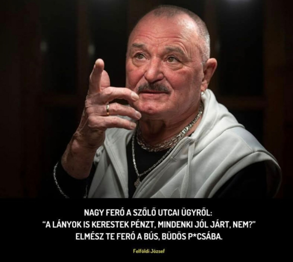 „Mindenki jól járt, nem?” – tette fel az ártatlan kérdést Nagy Feró, amikor a Békementen valaki arról kérdezte mi a véleménye a Szőlő utcai botrányról. Szerintem Juhász Péter Pál nem csinált mást, csak lányokat futtatott. És mivel a lányok is kaptak részesedést, ezért ez a történet így rendben is van. Mindenki jól járt. Azok is, akik anyagi, emberi és mindenféle függőségben álltak ezzel az emberrel szemben, akik közül volt, akit 12 évesen környékezett meg és bérelt ki időről időre a mélyszegénységben élő családjától ez a velejéig romlott ember, azok, akik a saját életükben talán soha nem ismerhették meg hogy mi az a szeretet, mi az a biztonság, azok, akik ahelyett, hogy a tanuláshoz, egy jobb élet kivívásához kaptak volna támogatást, inkább még lentebb lettek rántva a társadalmi ranglétrán… Mindezt azért, hogy valaki kielégítse a saját beteg vágyait, és másoktól ugyanezért jó pénzt szedjen be.Szerintem a prostitúció egyetlen egy formában tolerálható: ha valaki a saját testét árulja, teszi ezt teljesen önszántából, és övé az egész bevétel, a tranzakció erkölcsi dilemmái és érzelmi terhei mellett. Minden más – nevezzük nevén: a sticiskedés – egy olyan szörnyűséges tett, amivel egy ember se maga, se a társadalom, se a törvény szemében nem számolhatna el úgy soha, hogy a végén feloldozást nyert.Ha Juhász Péter Pál más emberek igényeinek kielégítéséből akart pénzt keresni, akkor ehhez meg volt minden testi eszköze, amit a saját belátása szerint nyugodtan használhatott volna. De ő mások kizsákmányolása és szenvedése árán akart gazdagodni.Rá soha nem nehezedett egy olyan idegen terhe, akit nem kívánt, akitől félt. Hozzá soha nem nyúlt olyan ember, akinek a közelségét nem akart. Neki nem fájt, ha olyat tettek vele, amit otthon nem lehet… Nagy Feró úgy írta le ezt az egész botrányt, az egész bűncselekményt, mintha csak egy jóhiszemű kereskedő került volna méltatlan helyzetbe. De Juhász Péter Pál olyan dolgot árult, aminek az értékesítéséhez nem volt joga.Ha ezt valaki nem ismeri fel, és azt feltételezi, hogy a végtelenségig kiszolgáltatott fiatalok jól jártak ezzel az „üzlettel” akkor az az ember olyan romlott, olyan rohadt, hogy már cefrének se lenne jó, nemhogy Kossuth-díjjal elismert érdemes művésznek. Nem tudom, hogy ez az ember ennyire buta, vagy csak annak tetteti magát. Igazából egyik sem hízelgő ré nézve, de az, hogy Nagy Feró és a Fidesz úgy össze vannak nőve, mint a borsó és a héja jól példázza a kormánypárt nívóját.Beteg, gonosz emberek kormányozzák ezt az országot, akik gyengébbekkel, gyermekekkel, nőkkel, náluk alantasabb szociális helyzetben lévő emberekkel egy percet sem foglalkoznak. Nagy Feró reakciója pedig nem egy kirívó eset, hanem általános reakció abból a körből, ahonnan enni kap és ahová büszkén tartozik a mi megkopott fényű hullócsillagunk.Megérdemlik egymást. Az ország viszont nem szolgált rá, hogy őket kapja!