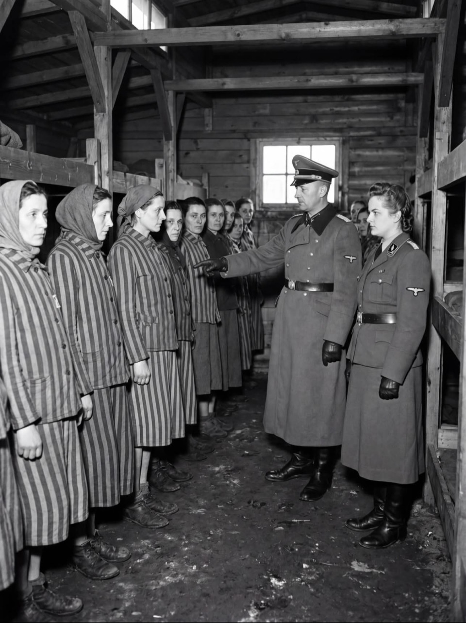 Az Auschwitz II–Birkenau női táborában 1944-ben a túlélés gyakran egyetlen néma pillanaton múlt. A revir félhomályos fabarakkjaiban kimerült foglyok vártak, miközben SS-orvosok és felügyelők vizsgálták testüket, a gyengeség jeleit keresve. A tífusz és a vérhas gyorsan terjedt a túlzsúfolt blokkokban, sok nő már alig tudott talpon maradni.<br /><br />Elhasznált csíkos rabruhákba és facipőkbe burkolózva a foglyok csendes sorokban álltak, arcukon félelemmel és bizonytalansággal. Egy mozdulat, egy pillantás vagy egyetlen ujjal való rámutatás dönthetett mindenről. Azokat, akiket „munkára alkalmatlannak” ítéltek, elkülönítették és a 25-ös blokk felé küldték — egy helyre, amelyet a nők a tábori rendszer végső várótermeként ismertek.<br /><br />A felügyelők között volt Irma Grese is, akinek jelenléte a foglyokra kényszerített kegyetlen fegyelem szimbólumává vált. A barakkok körül a tábor mindennapi rutinja folyt tovább: sorakozók a sáros udvarokon, kényszermunka és végtelen ellenőrzések, amelyek az emberi életeket puszta számokká és kategóriákká redukálták.<br /><br />Ebben a környezetben a szelekciók nem voltak hangosak vagy kaotikusak. Csendesen, módszeresen és rémisztően rutinszerűen zajlottak — egy olyan rendszer részeként, amely az egyéniség eltörlésére épült, miközben a foglyokat néma sorokba kényszerítette a remény és a kétségbeesés határán.
